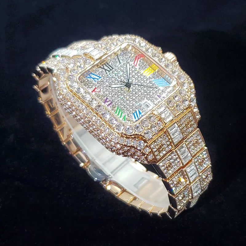 Montre en diamant de luxe pour hommes, montres numérotées colorées carrées glacées, bijoux Hip Hop Bling, Reloj zones bre pour la fête, nouvelle mode, 2025