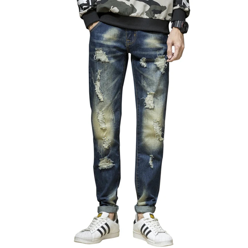 Men Jeans Streetwear Ripped Denim Pants Trend Trousers Hole Ruined Casual Biker Destroyed Regular Straight