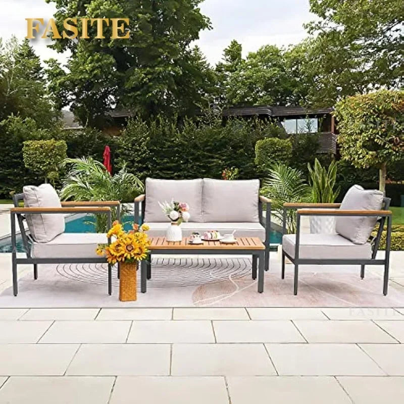 Ensemble de Conversation de salon de Patio, meubles 4 pièces, accoudoir et plateau de Table en bois massif, coussin imperméable épais Anti-chute, Beige