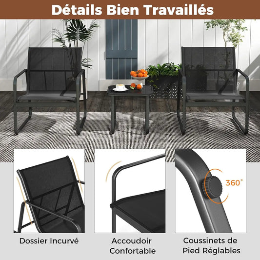 Ensemble de meubles de jardin pour 2 personnes, 3 tables basses avec 2 fauteuils de jardin, salon bistro avec structure en métal, pour jardin, balcon