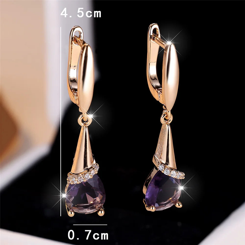 Boucles d'oreilles élégantes en pierre de Zircon violet pour femmes, goutte d'eau, couleur or, mignonnes, style Boho, bijoux de mariage pour femmes