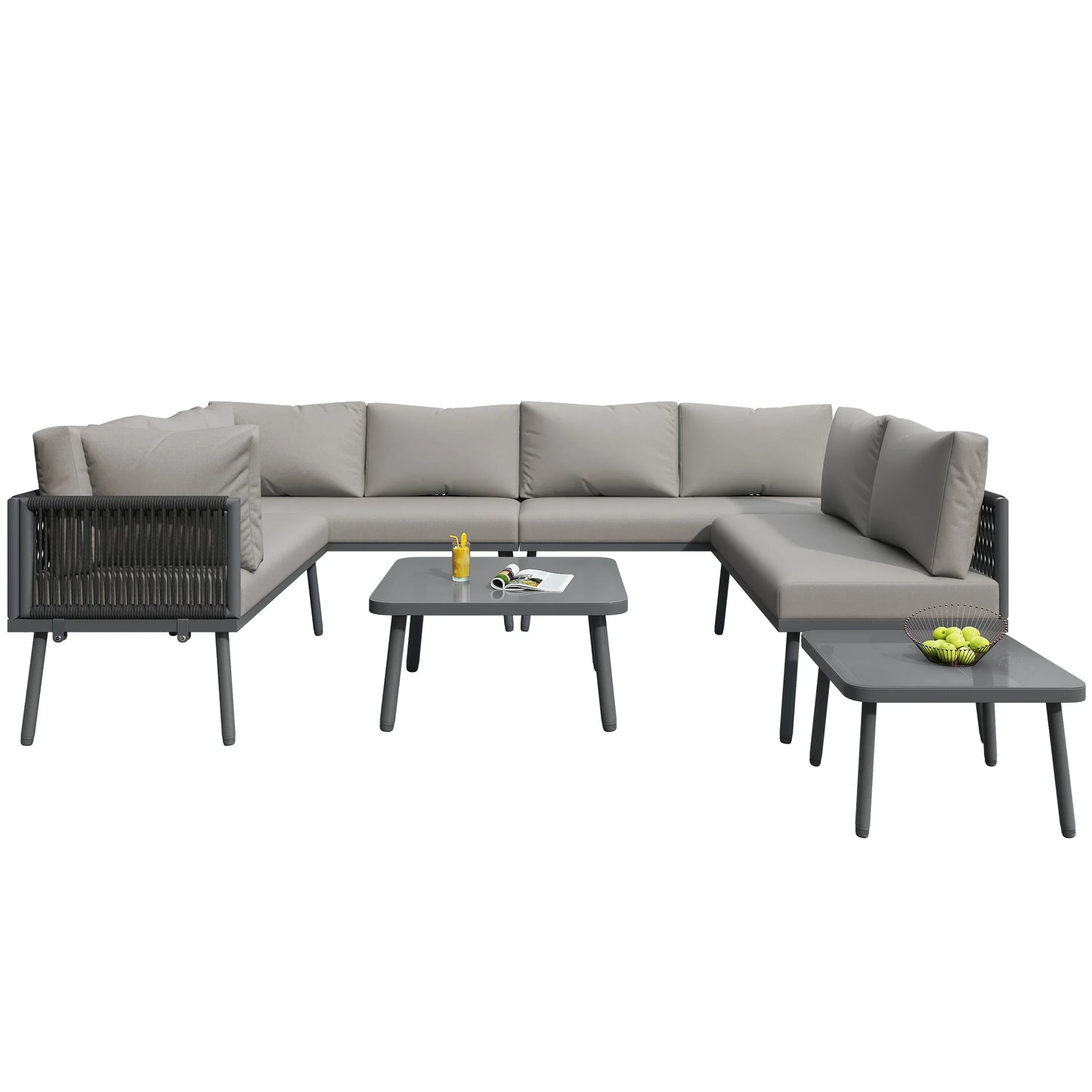 Canapé d'angle extérieur résistant aux intempéries, mobilier de patio extérieur, dormez 8, avec 2 tables et 4 sièges d'amour, coussins inclus