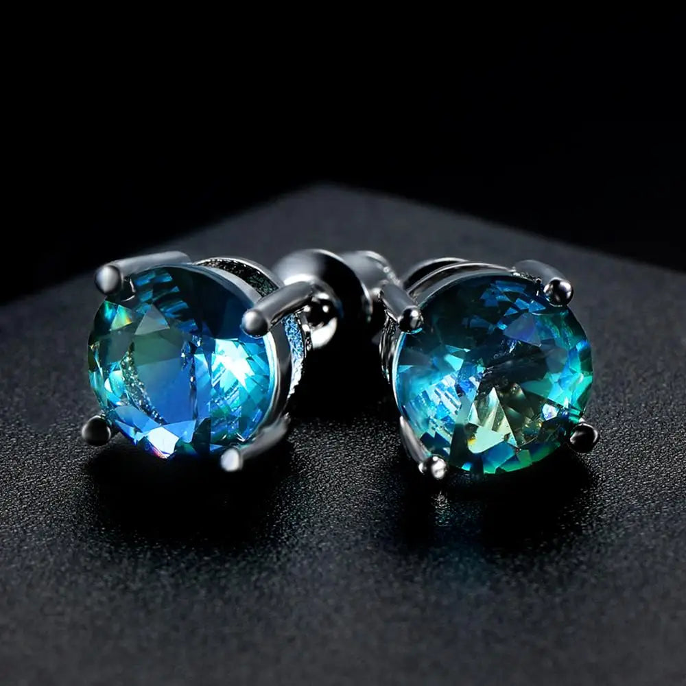Boucles d'oreilles rondes en cristal rouge vert pour femmes et hommes, bijoux de mariage, arc-en-ciel mystique, feu, bleu, vert, Zircon, Double boucles d'oreilles