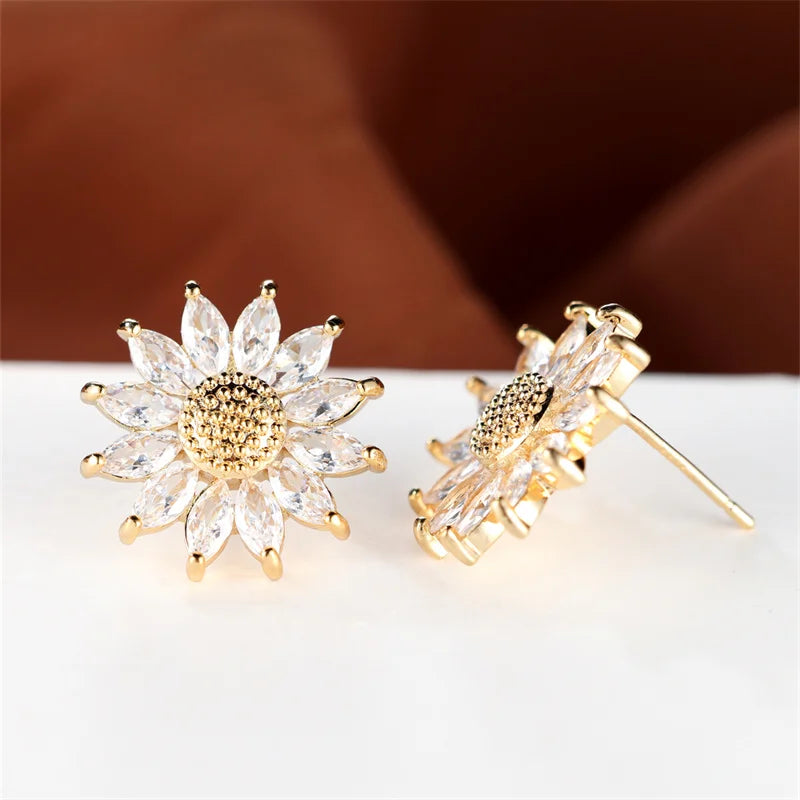 Boucles d'oreilles de luxe en pierre blanche pour femmes, couleur or, bijoux en pierre de Zircon pour femmes, breloque fleur en cristal, boucle d'oreille de mariage