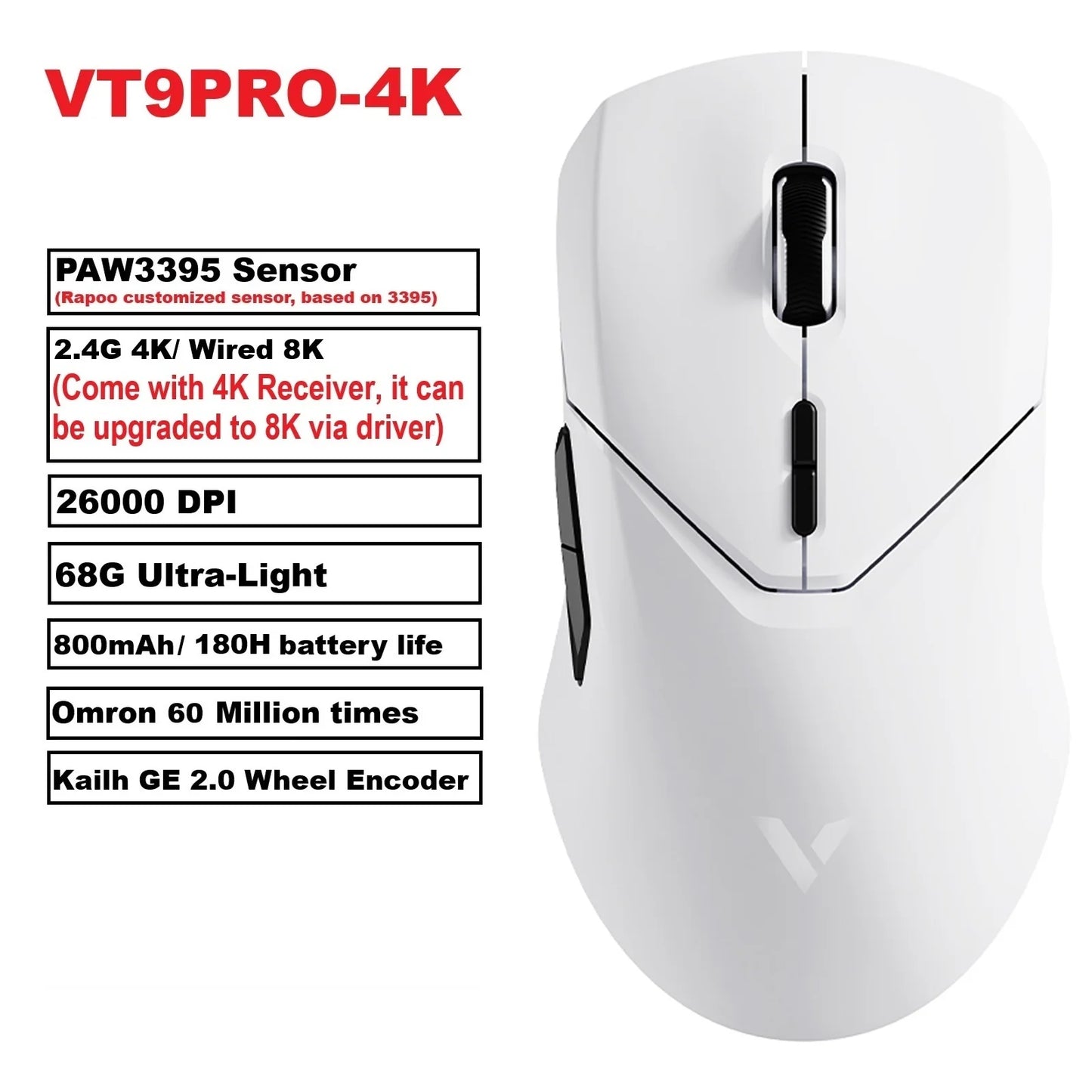 Rapoo VT9PRO – Souris de jeu sans fil légère 68g, 26000 DPI, autonomie 160H