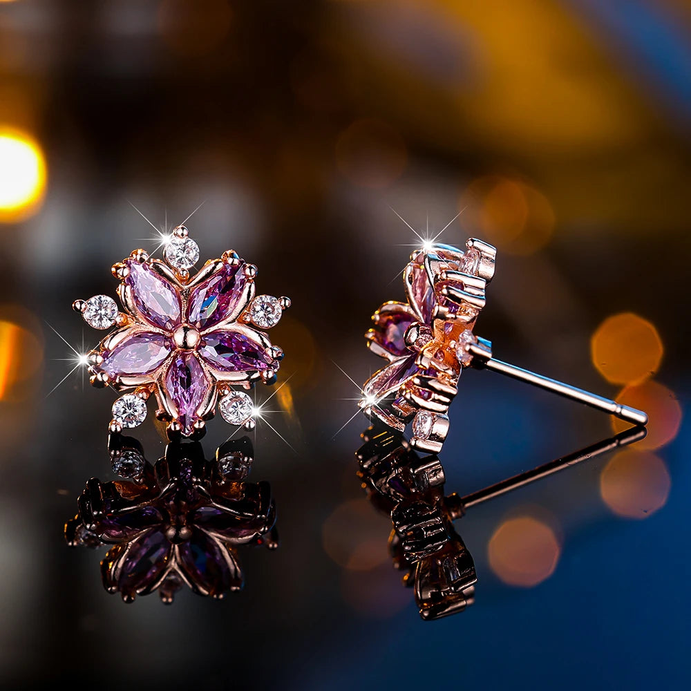Boucles d'oreilles à tige flocon de neige en pierre pour femme, blanc, violet, mignon, vintage, document en or, bijoux de mariage