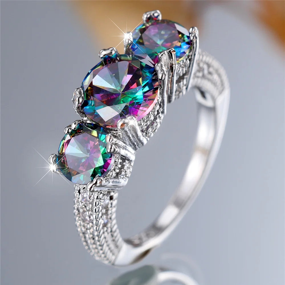 Bague de fiançailles ronde arc-en-ciel pour femme, bijoux sur pierre, vintage, document en argent, bande de mariage, patients