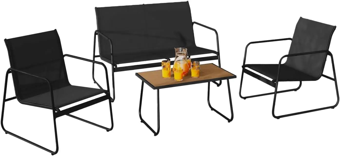 Salon de jardin 4 places avec canapé, fauteuils et table noir et bois