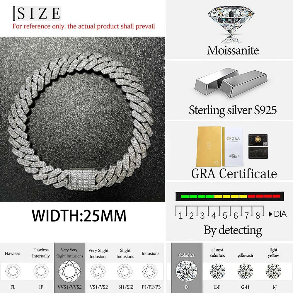 Collier cubain personnalisé en argent regardé S925 pour homme, Hip Hop, Moissanite, Link JOoptics, Miami, VVS, 25mm