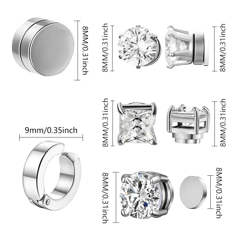 Boucles d'oreilles à tige magnétique en acier inoxydable pour hommes et femmes, ensemble de boucles d'oreilles à clip non ichi, aimant CZ blanc unisexe, cadeau de bijoux, 1 paire