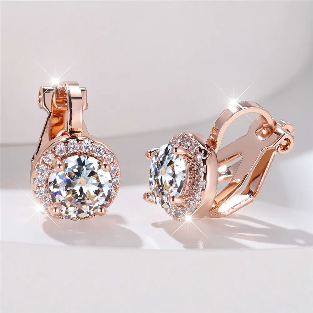 Boucles d'oreilles rondes en pierre de Zircon arc-en-ciel pour femmes, petites boucles d'oreilles à Clip, breloque couleur or jaune, bijoux de mariage pour femmes