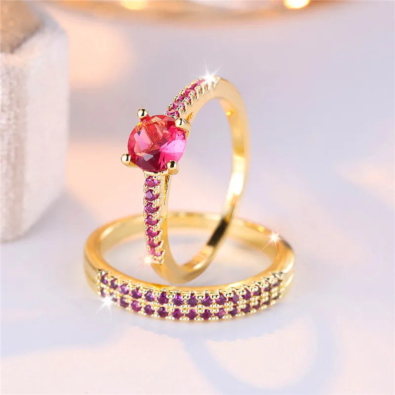 Ensemble de bagues de fiançailles rondes en pierre de Zircon vert cristal pour femmes, bijoux de mariage de luxe couleur or jaune pour femmes