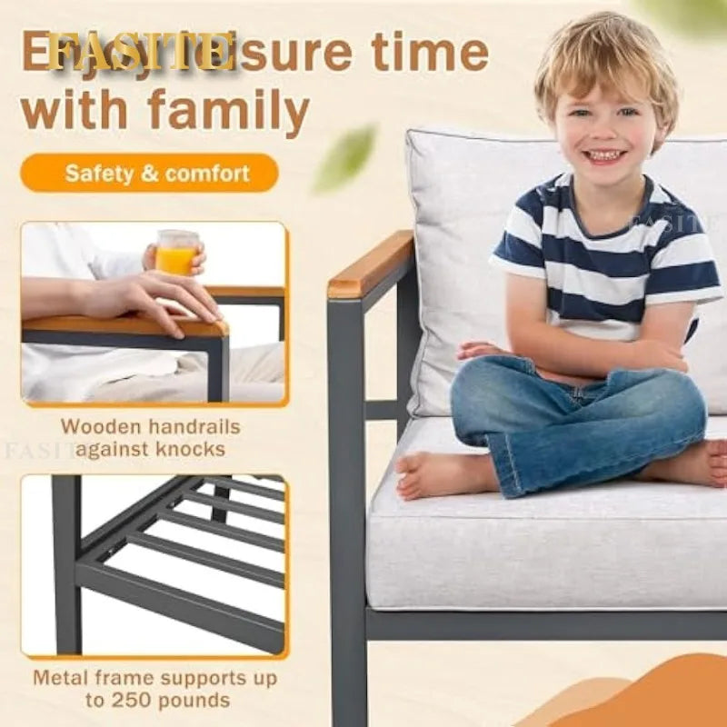 Ensemble de Conversation de salon de Patio, meubles 4 pièces, accoudoir et plateau de Table en bois massif, coussin imperméable épais Anti-chute, Beige