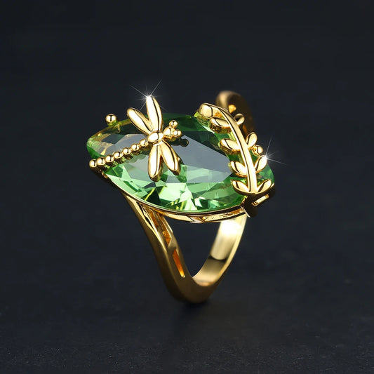Bagues libellule en pierre vert Olive pour femmes, coupe Marquise, grand œil de cheval, couleur or, Zircon, bandes de mariage, bague de Cocktail, bijoux CZ