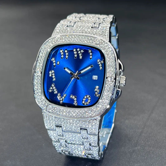 Montre en diamant originale pour hommes de luxe Hip Hop cadran bleu montres Unique Bling Ice Out lumineux étanche relogios masculino cadeau