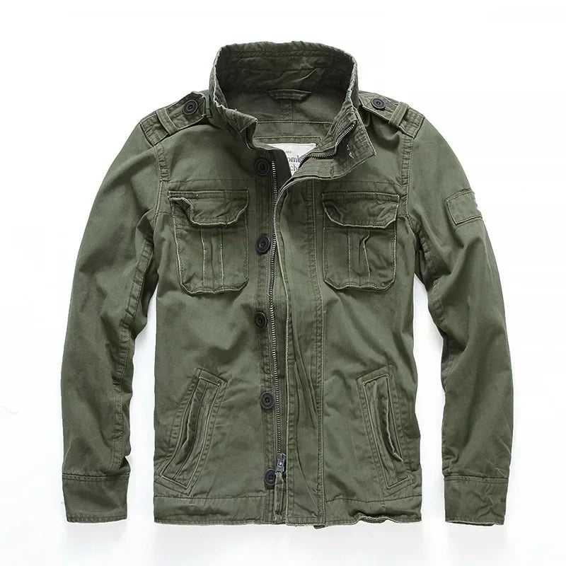 Veste militaire homme en denim – Col roulé, poches pratiques, printemps/automne