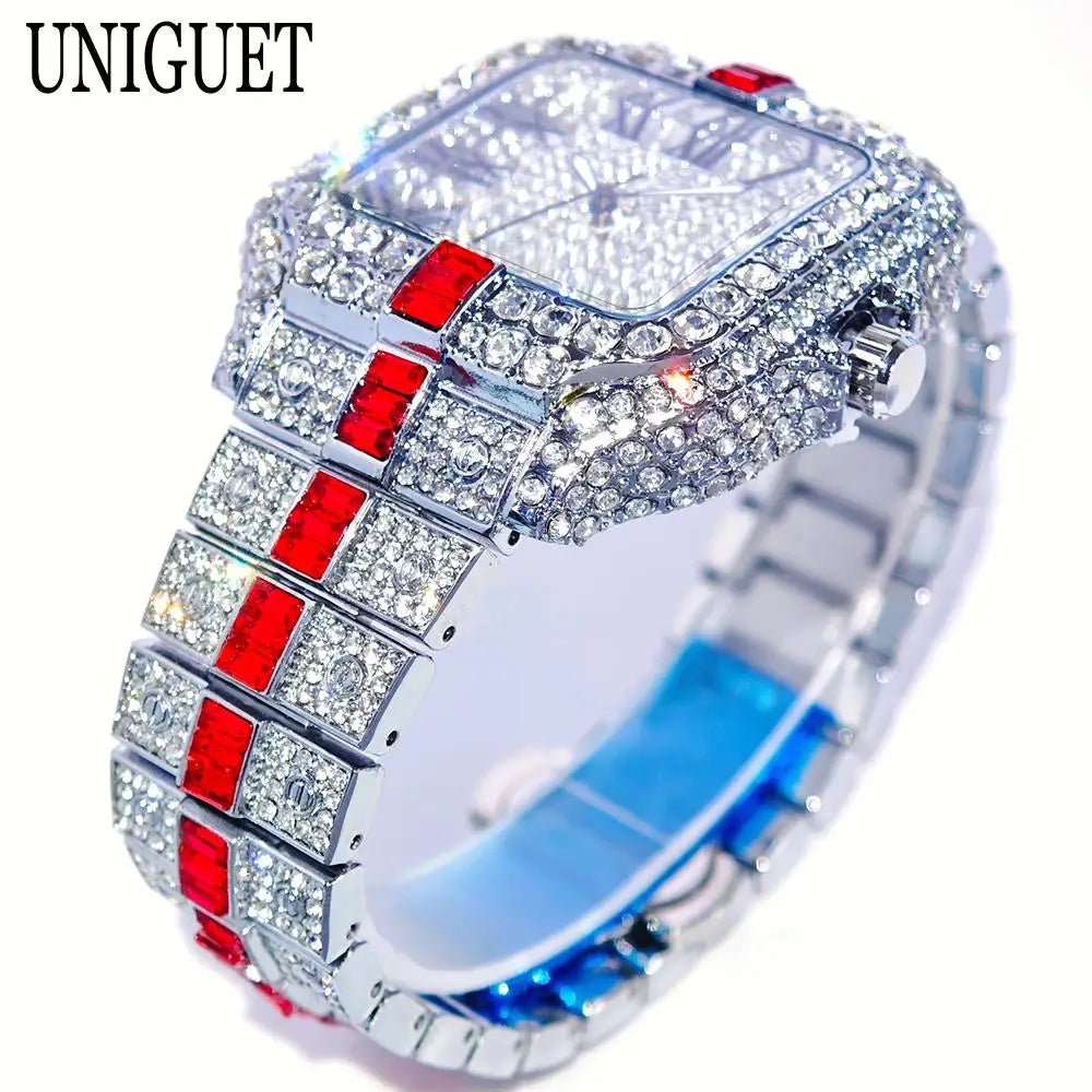 Montres de luxe en diamant rouge pour hommes, marque ummy GUET, Hip Hop, glacé, bling, bijoux, montre-bracelet, mode, étanche, horloges à quartz carrées