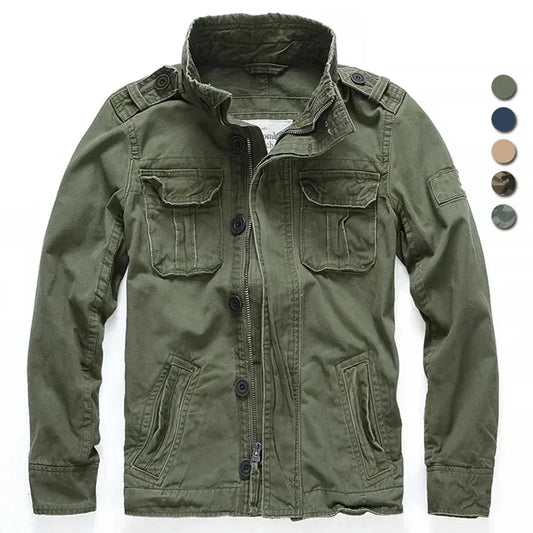 Veste militaire homme en denim – Col roulé, poches pratiques, printemps/automne