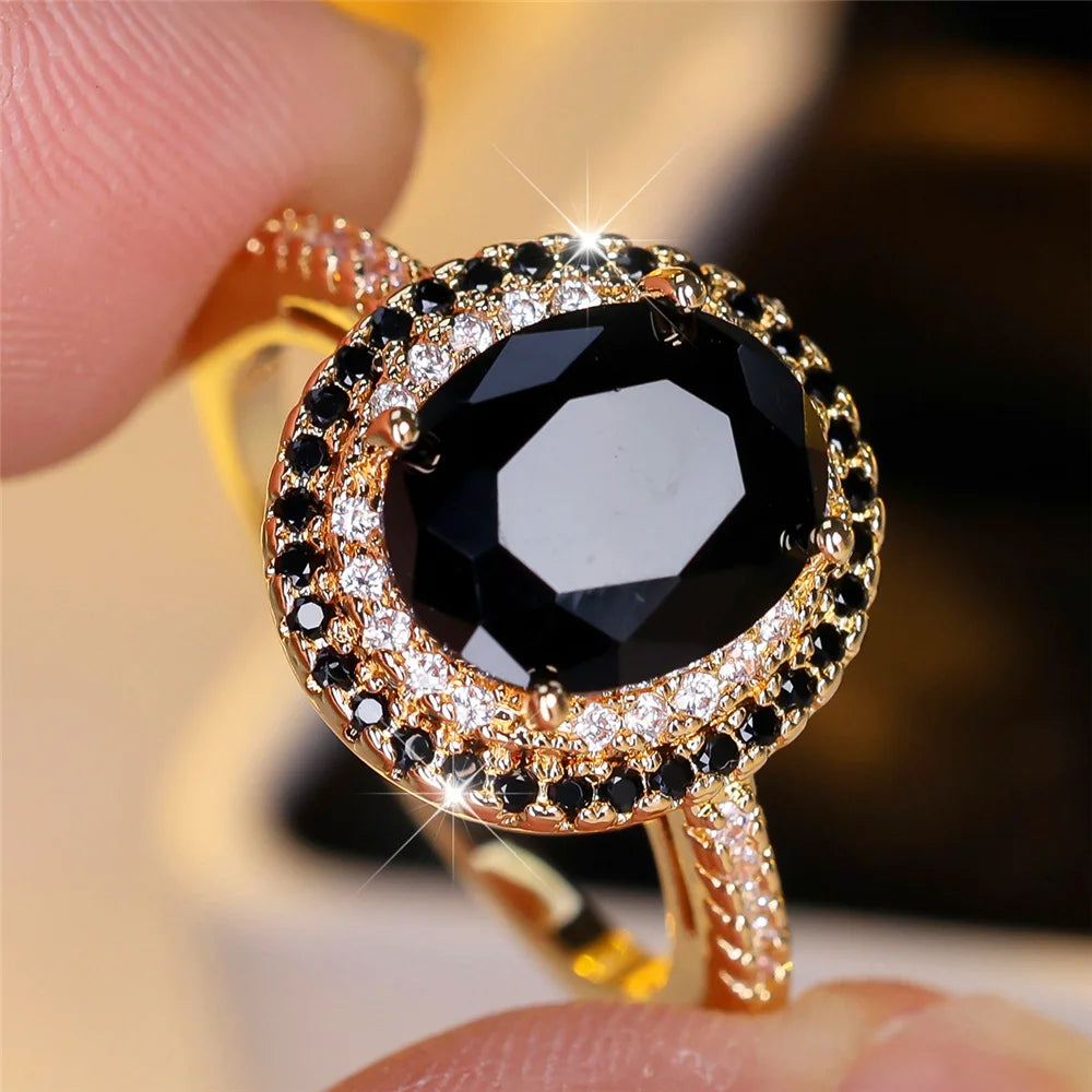 Bagues ovales de luxe en pierre de Zircon noir pour femmes, Vintage, couleur argent, bracelet de mariage, bijoux de mariée, cadeau de fiançailles
