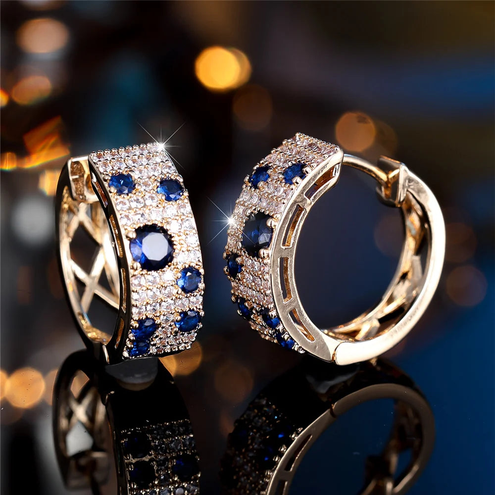 Boucles d'oreilles rondes en pierre de Zircon blanc et bleu pour femmes, bijoux de mariage couleur or à la mode