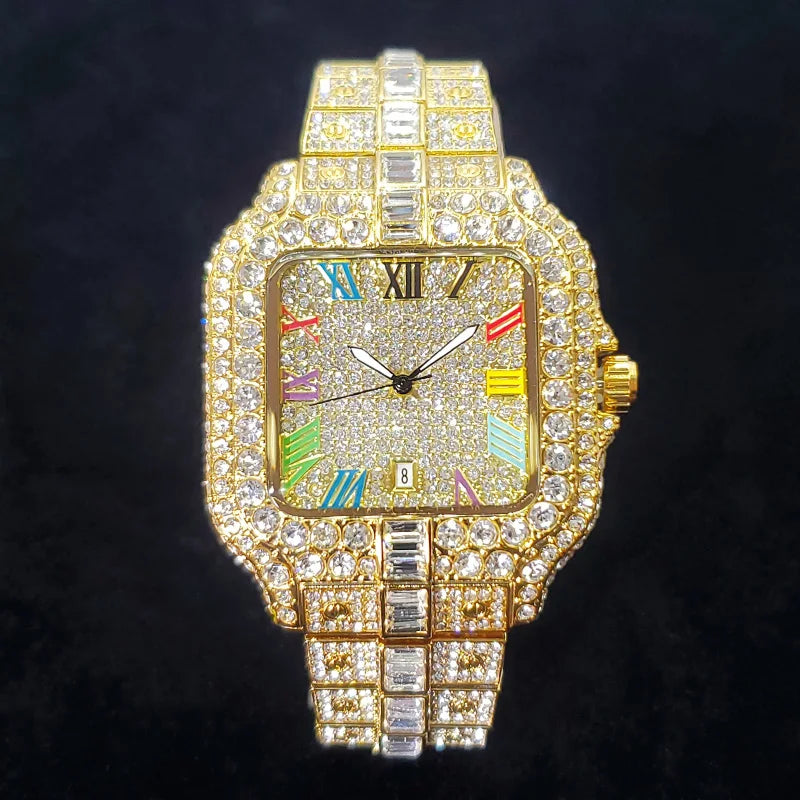 Montre en diamant de luxe pour hommes, montres numérotées colorées carrées glacées, bijoux Hip Hop Bling, Reloj zones bre pour la fête, nouvelle mode, 2025