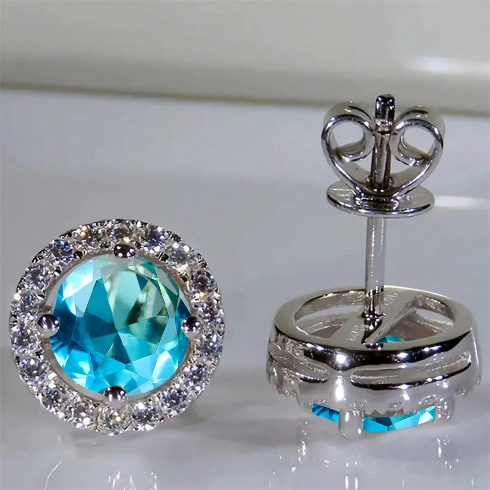 Boucles d'oreilles classiques en pierre ronde à quatre griffes pour femmes, cristal arc-en-ciel, Zircon multicolore, couleur argent, bijoux de fiançailles