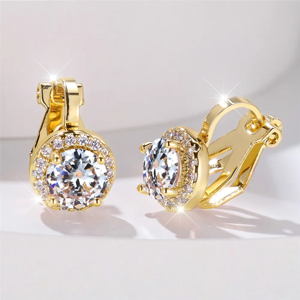 Boucles d'oreilles rondes en pierre de Zircon arc-en-ciel pour femmes, petites boucles d'oreilles à Clip, breloque couleur or jaune, bijoux de mariage pour femmes