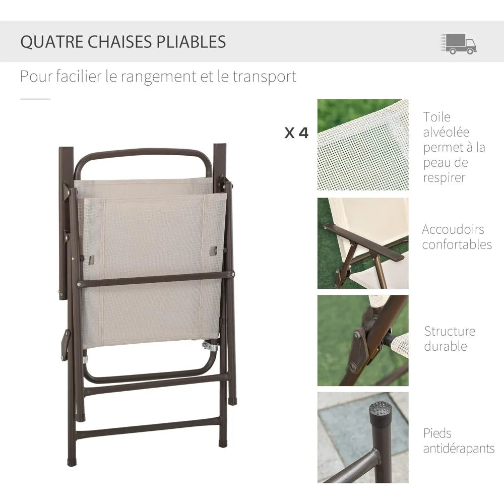 Ensemble de meubles de jardin 6 pièces, table ronde + 4 chaises pliantes + parasol, café en acier époxy textilène polyester beige