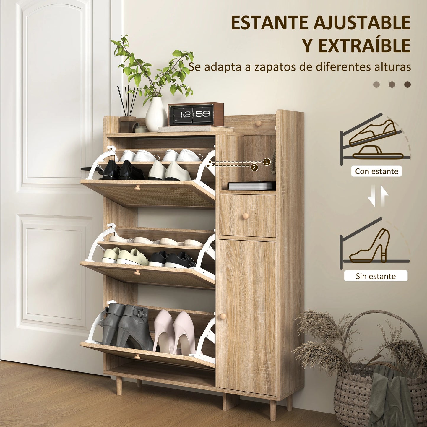 Meuble à chaussures pliant MCOM, meuble de salle de bain à 3 tiroirs avec fronts en rotin chêne