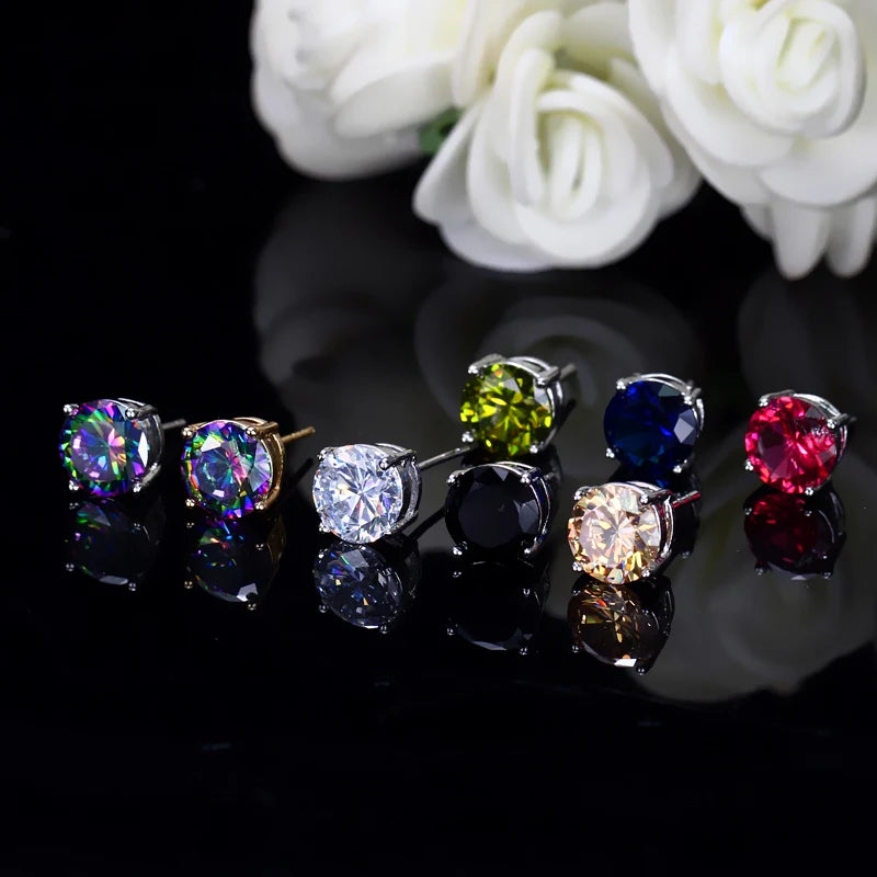 Boucles d'oreilles rondes en cristal rouge vert pour femmes et hommes, bijoux de mariage, arc-en-ciel mystique, feu, bleu, vert, Zircon, Double boucles d'oreilles
