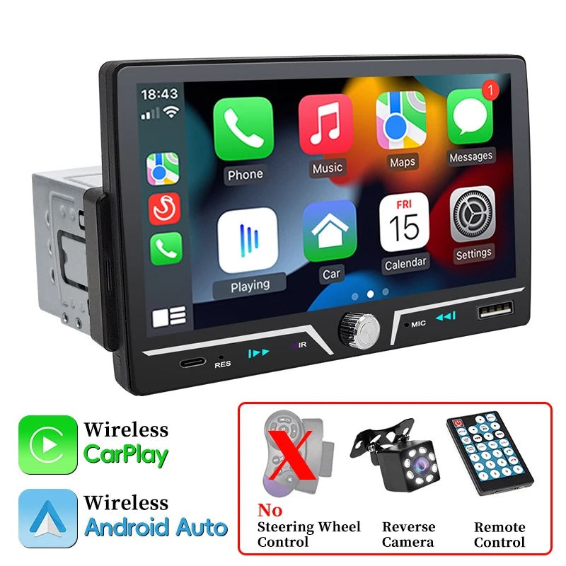 Autoradio Hippcron 1DIN 7" IPS – Android Auto & CarPlay Sans Fil, Bluetooth, Mirror Link, Chargeur Type-C