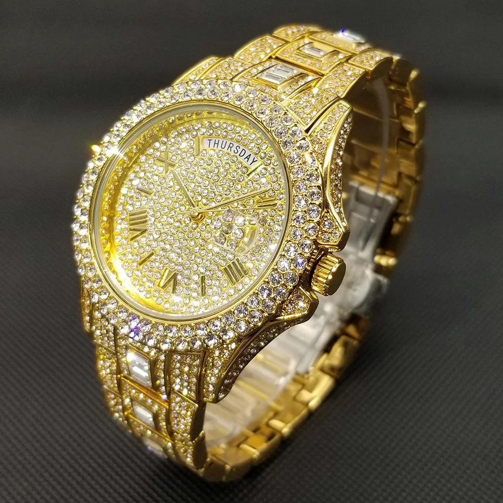 TikTok montre-bracelet en diamant pour hommes de luxe plaqué or 18 carats montres à quartz jour Date discothèque montre de fête unisexe rappeur bijoux