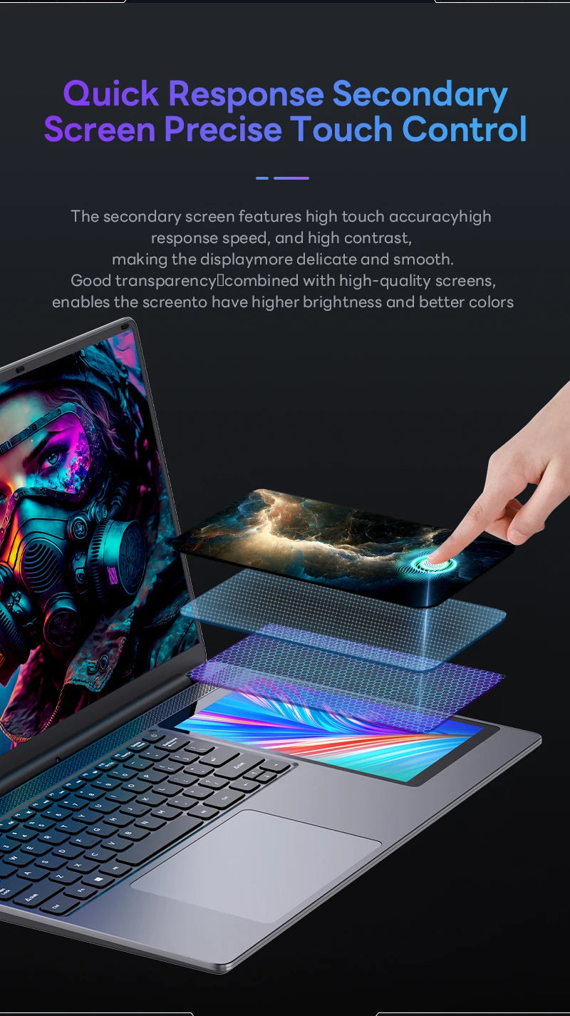 15.6 Inch IPS Dual Screen Gaming Laptop 7 Inch Touch Screen Intel N100 DDR4 16GB RAM 256GB 512GB 1TB SSD Office Portable Laptops