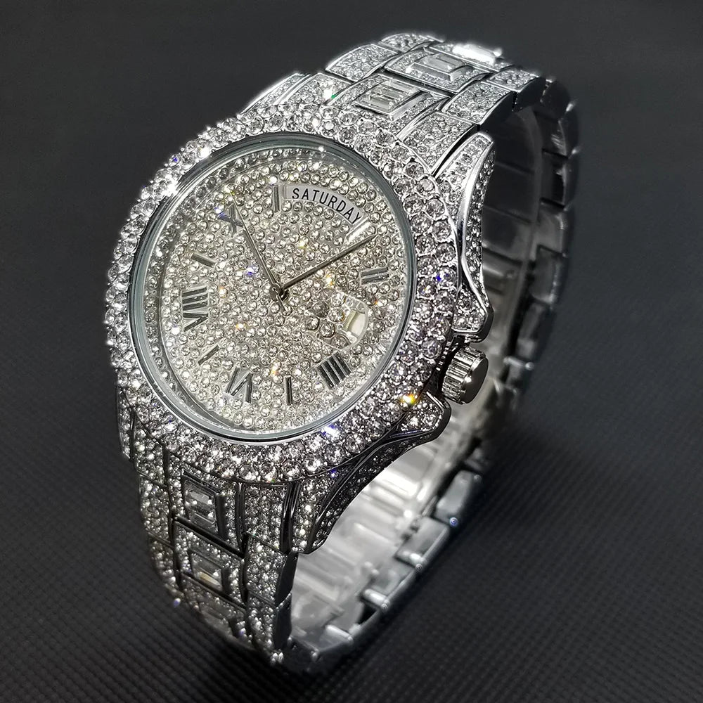 TikTok montre-bracelet en diamant pour hommes de luxe plaqué or 18 carats montres à quartz jour Date discothèque montre de fête unisexe rappeur bijoux