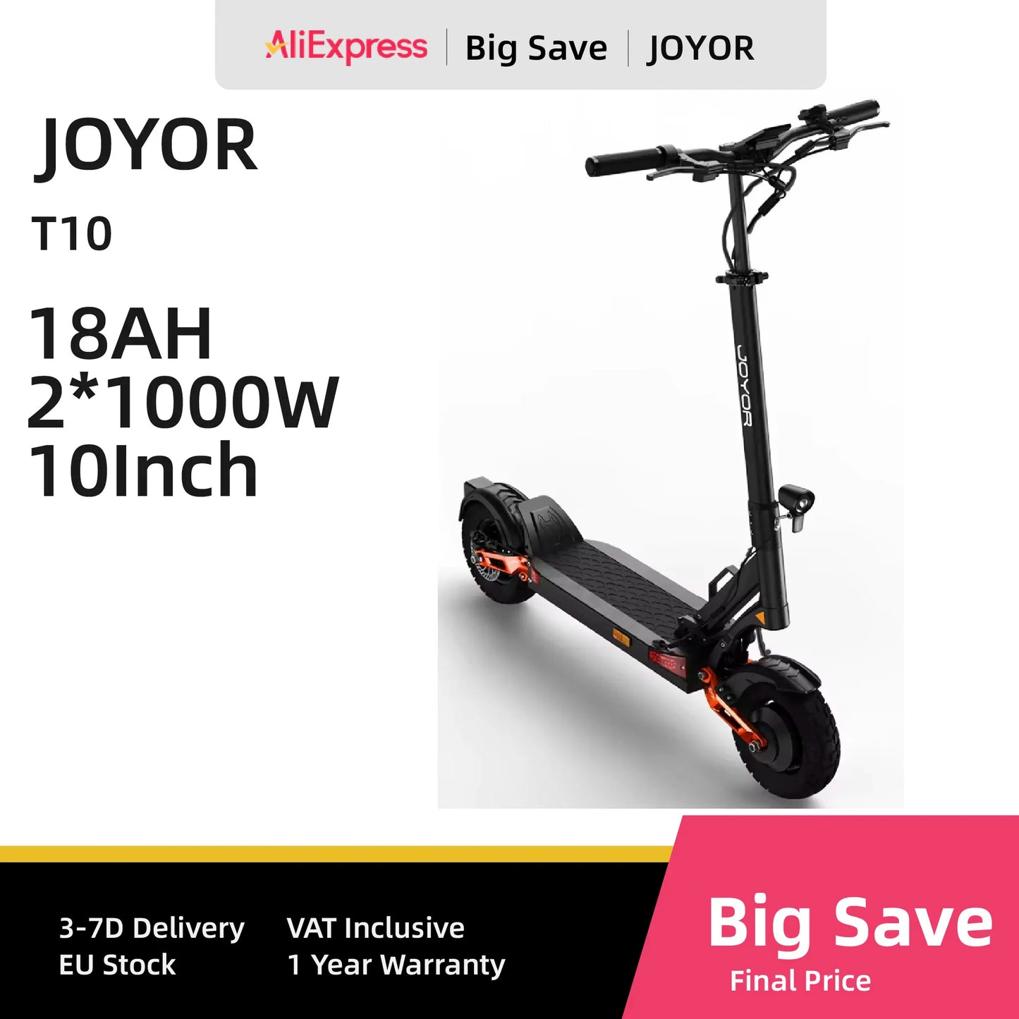JOYOR T10 – Trottinette Électrique Pliable Double Moteur 1000W x2 | 25 km/h, 60V, Pneus 10” Tout-Terrain (2025)
