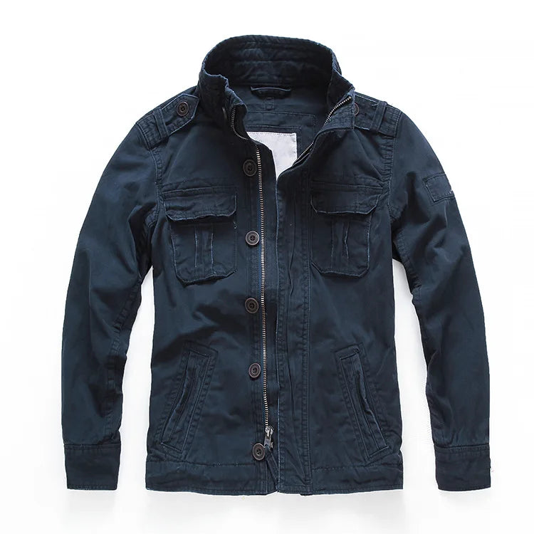 Veste militaire homme en denim – Col roulé, poches pratiques, printemps/automne