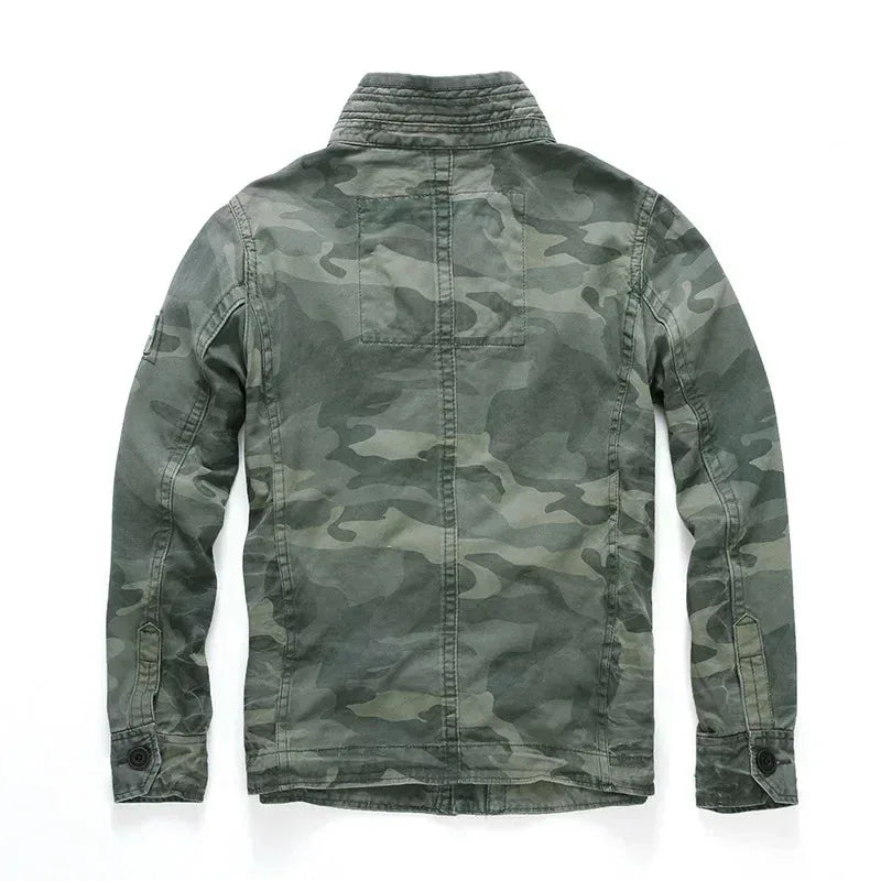 Veste militaire homme en denim – Col roulé, poches pratiques, printemps/automne