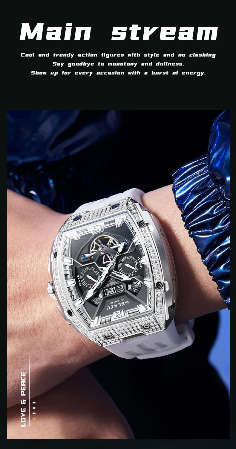 GELATU Men's Watch Hollow Out Skeleton Automatic Watch for Men Silicone Strap Dual Calendar Luxury Original Mechanical Man Watch
