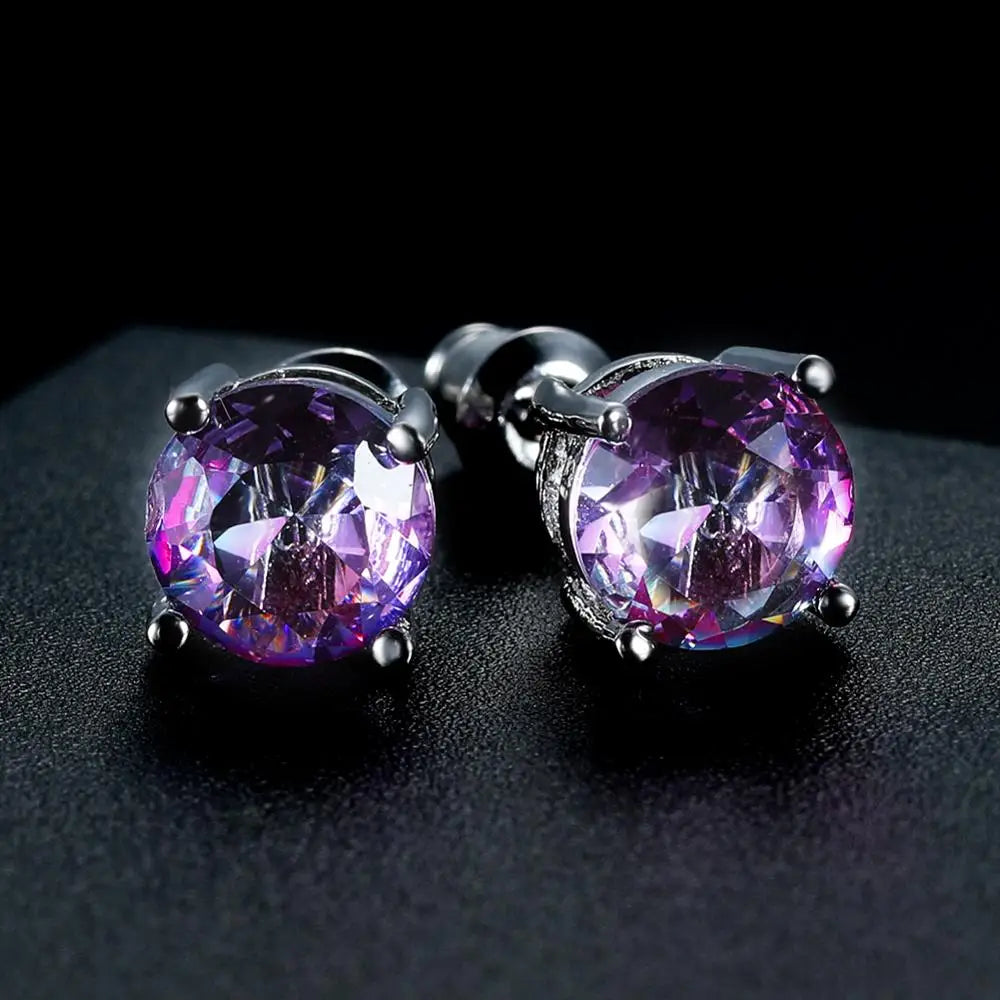 Boucles d'oreilles rondes en cristal rouge vert pour femmes et hommes, bijoux de mariage, arc-en-ciel mystique, feu, bleu, vert, Zircon, Double boucles d'oreilles