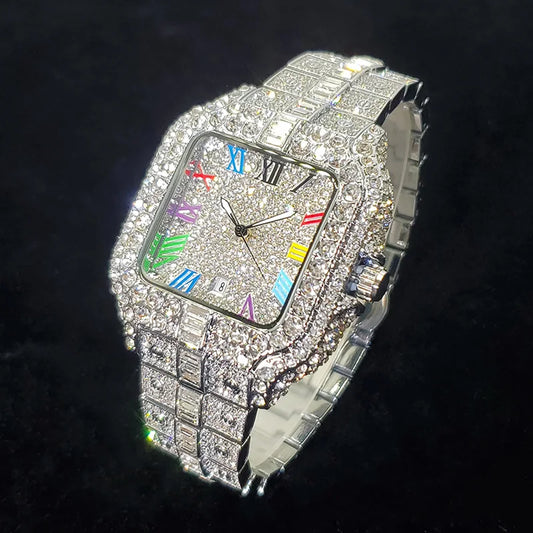 Montre en diamant de luxe pour hommes, montres numérotées colorées carrées glacées, bijoux Hip Hop Bling, Reloj zones bre pour la fête, nouvelle mode, 2025