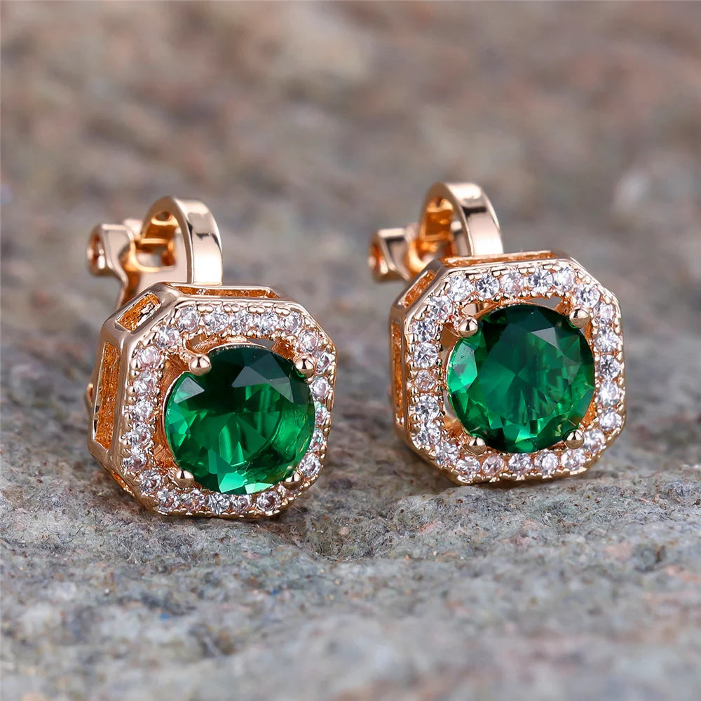 Boucles d'oreilles clip rondes en pierre de cristal pour femmes, bijoux simples, cadeaux de mode, or rose, argent, document blanc, vert, bleu