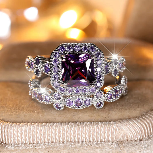 Ensemble de bagues de fiançailles en pierre carrée pour femmes, cristal violet, promesse, Vintage, couleur argent, bijoux de mariage, ensemble cadeau de mariée, 2 pièces/ensemble