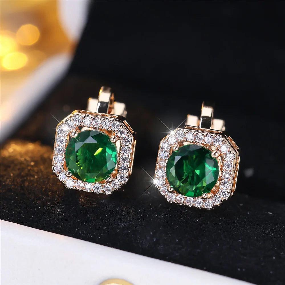 Boucles d'oreilles clip rondes en pierre de cristal pour femmes, bijoux simples, cadeaux de mode, or rose, argent, document blanc, vert, bleu