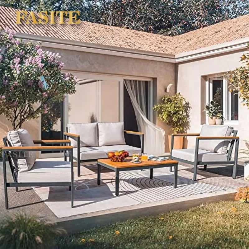 Ensemble de Conversation de salon de Patio, meubles 4 pièces, accoudoir et plateau de Table en bois massif, coussin imperméable épais Anti-chute, Beige
