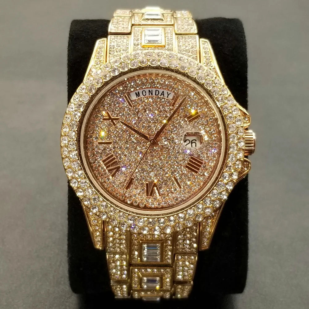 TikTok montre-bracelet en diamant pour hommes de luxe plaqué or 18 carats montres à quartz jour Date discothèque montre de fête unisexe rappeur bijoux
