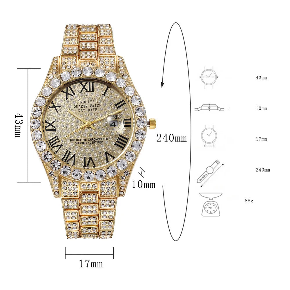 Hip Hop glacé hommes montre pleine AAA strass autour de luxe montres à Quartz horloge ronde unisexe montre-bracelet cadeau pour petit ami