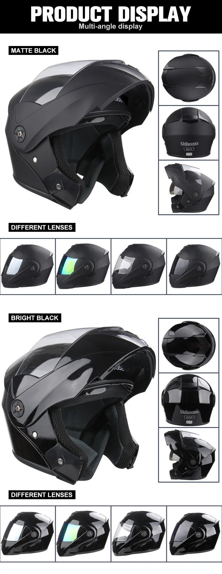 Uchoose Casque à Section transversale Double lentille Certification DOT Casque de moto de sécurité Casque à rabat modulaire Casque unisexe avec visière