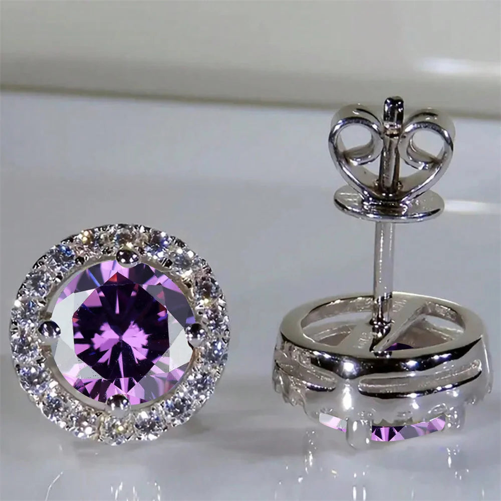 Boucles d'oreilles classiques en pierre ronde à quatre griffes pour femmes, cristal arc-en-ciel, Zircon multicolore, couleur argent, bijoux de fiançailles