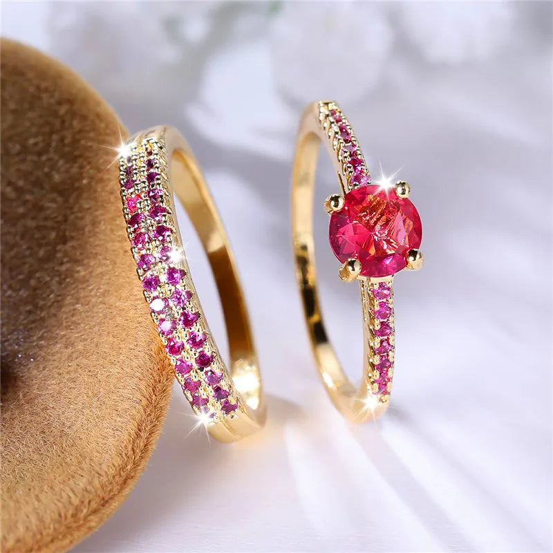 Ensemble de bagues de fiançailles rondes en pierre de Zircon vert cristal pour femmes, bijoux de mariage de luxe couleur or jaune pour femmes