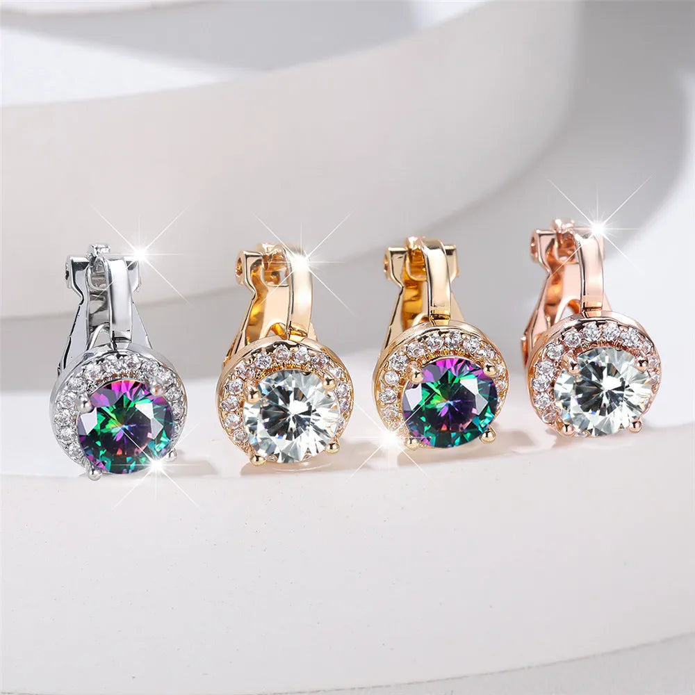 Boucles d'oreilles rondes en pierre de Zircon arc-en-ciel pour femmes, petites boucles d'oreilles à Clip, breloque couleur or jaune, bijoux de mariage pour femmes